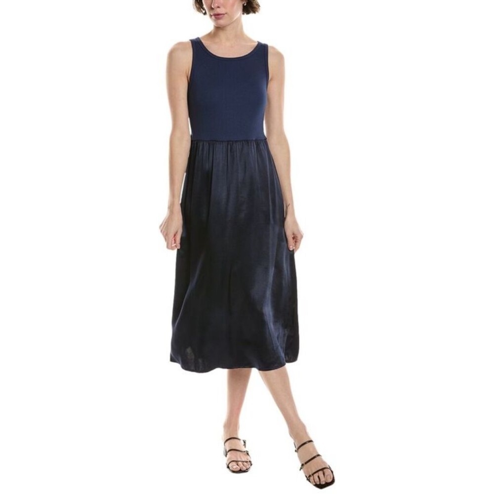 Michael Stars Bridgette Blue Ribbed Tank Satin Skirt Mixed Media Midi Dress XL